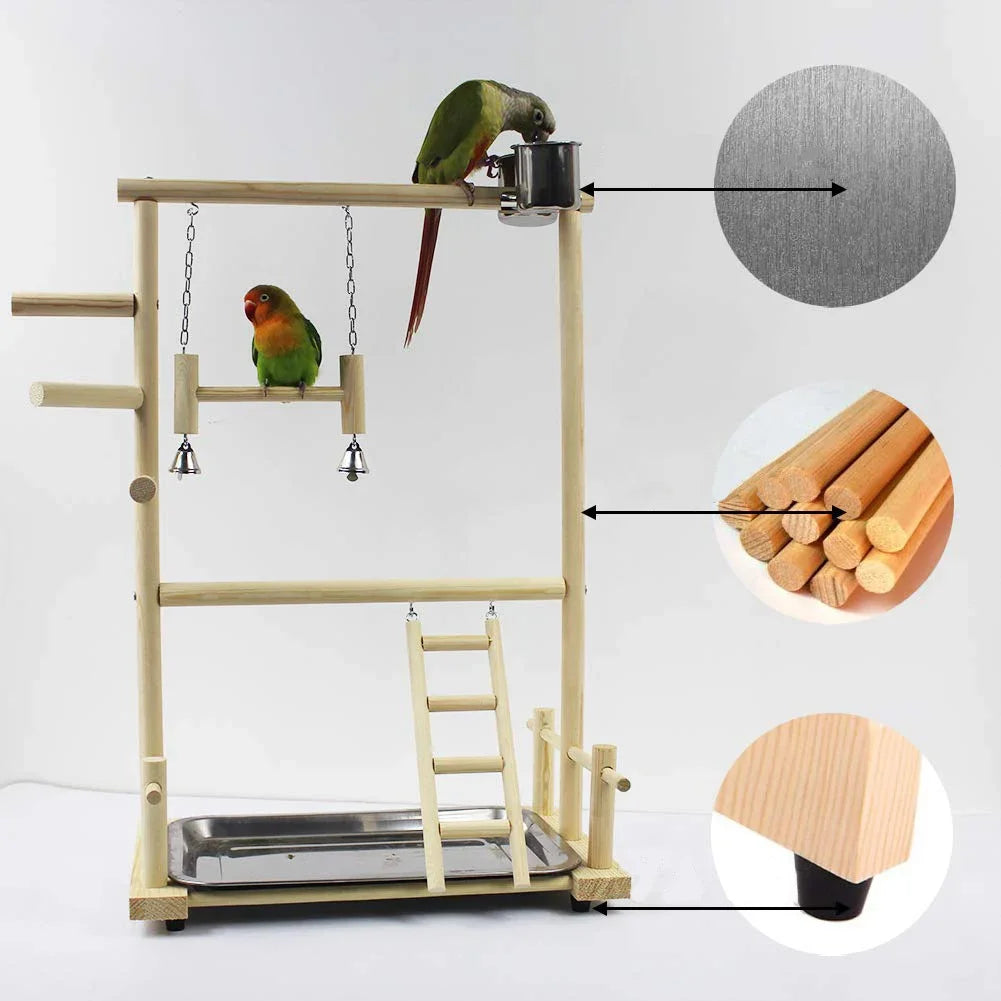 Parrot Playstand Bird Plays Stand Cockatiel Playground Wooden Perch Gym Playground Ladder with Metal Feeder Plate Toy