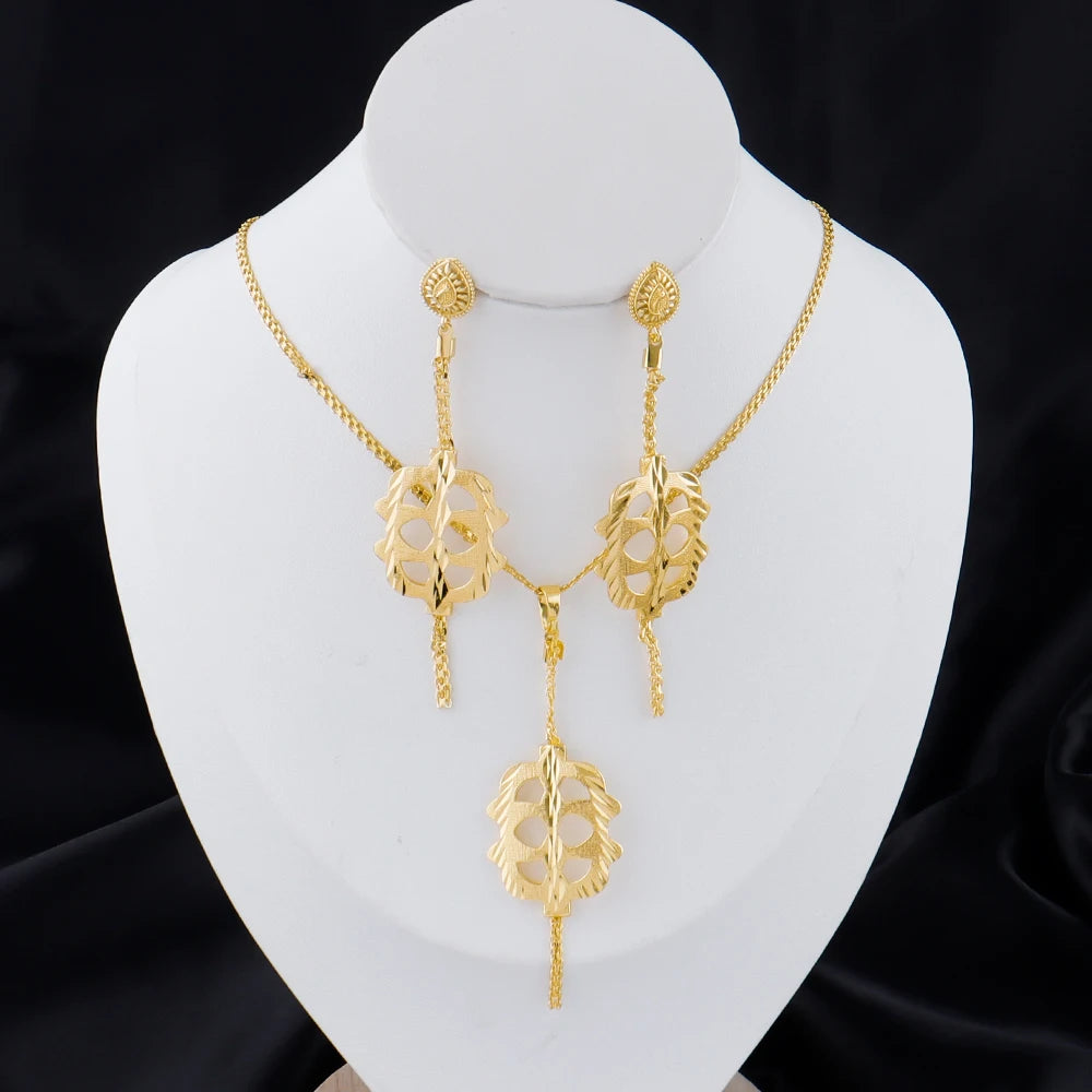 Dubai Gold Color Necklace Jewelry Set for Women Dangle Earrings and Necklace Bridal Weddings Earrings Engagement  Jewellery Gift