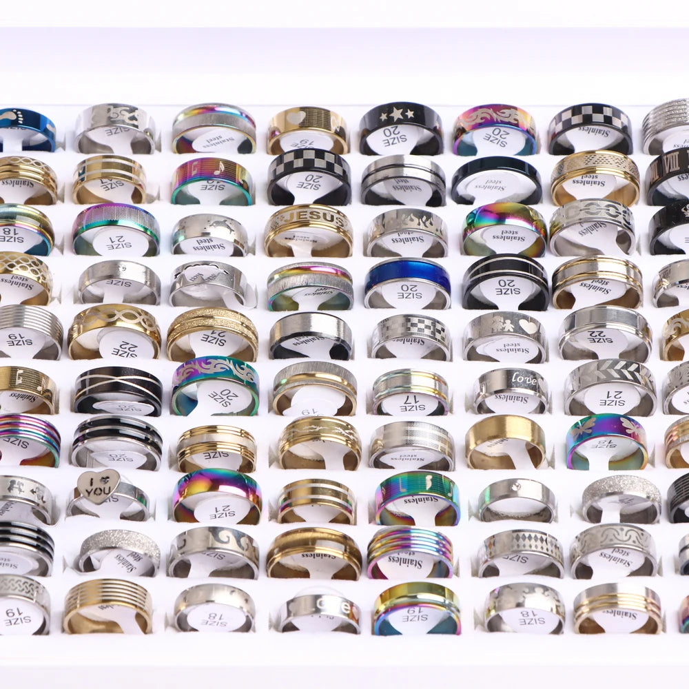 10/20/50/100Pcs/Lot Fashion Stainless Steel Stripe Heart Hollw Rings For Men Women Mix Style Simple Jewelry Party Gifts
