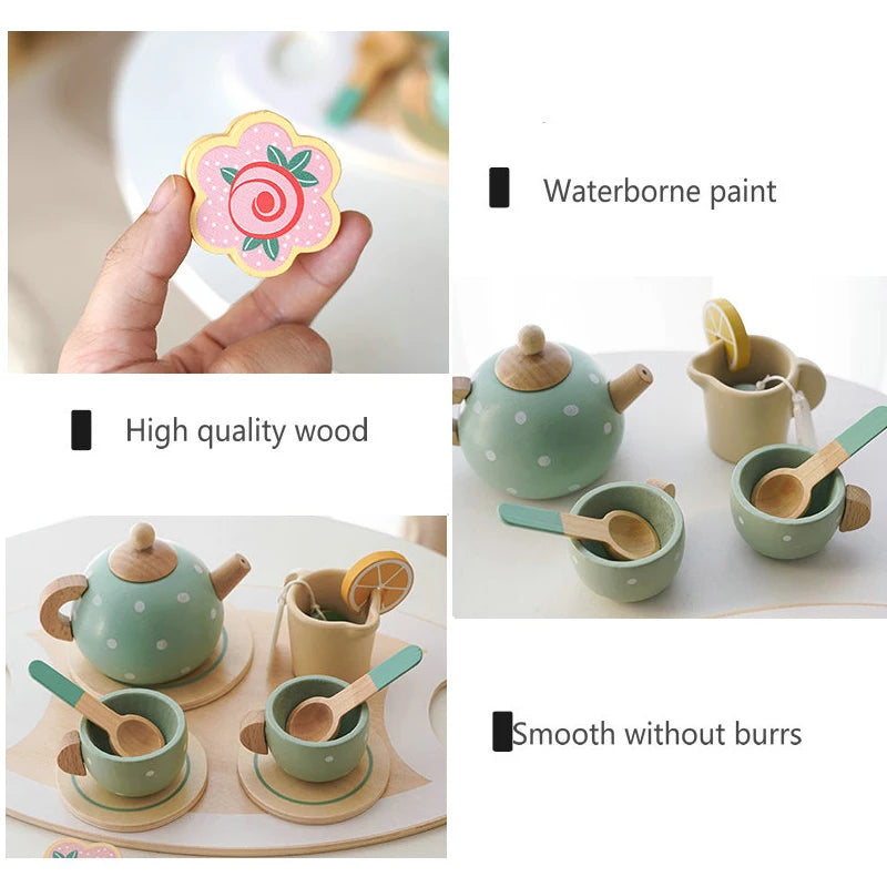 Girls Toys Wooden Afternoon Tea Set Children's Toy Kitchen  Pretend Play Set Toaster Coffee Maker Ice Cream Kids Educational Toy