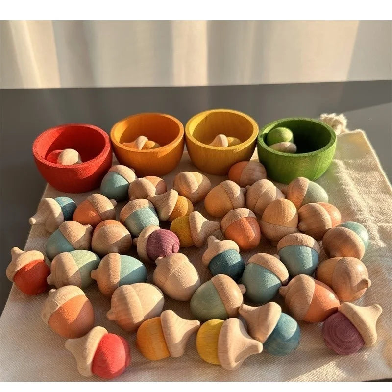 Rainbow Wooden  Blocks Loose Parts Toys Pastel Beech Acorns for Kids Open-end Play