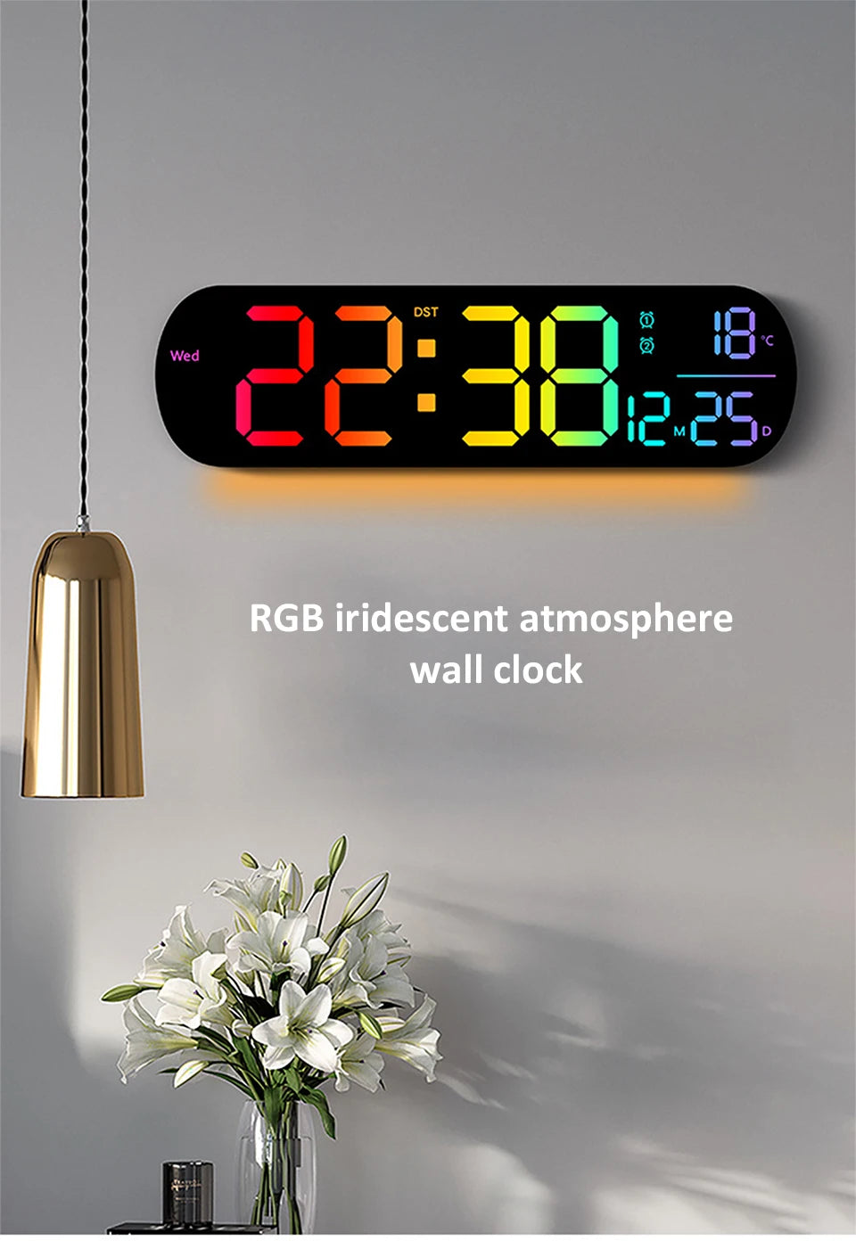 LED Luminous Digital Wall Clock With Remote Control Ambient Lights 14'' Creative RGB Alarm Clock  Date Temp Display  Home Decor