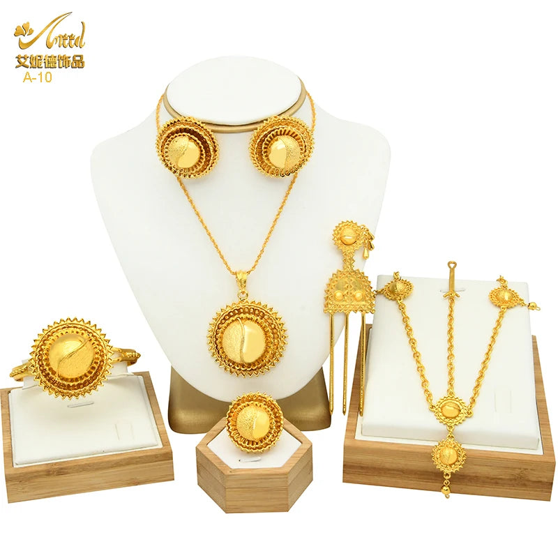 ANIID Ethiopian Gold Color 6pcs Jewelry Sets For Women Dubai Flower Shape Nigerian Luxury Necklace Jewellery Set Wedding Gifts