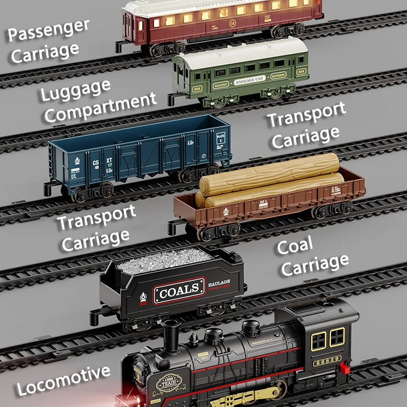 Kids Retro Electric Steam Train Rail Toys Classical Railway Freight Train High-Speed Tracks Train Model Boys Toys Christmas Gift