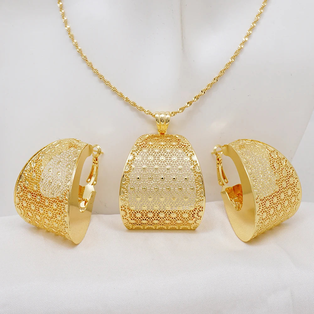 Fashion Dubai Jewelry Sets Gold Color Pendant Copper Classic Earrings Necklace For Women Daily Wear Party Anniversary Gifts