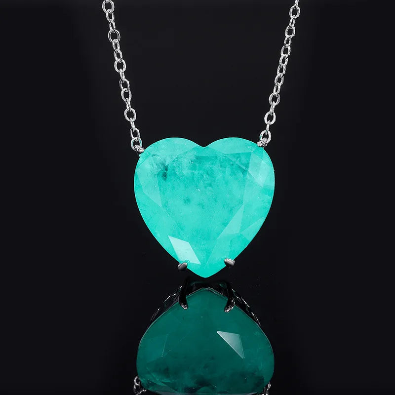 925 Sterling Silver Paraiba Emerald Simple Heart Necklace Earrings for Women Girls Vintage Tourmaline Gemstone Part Jewelry Set