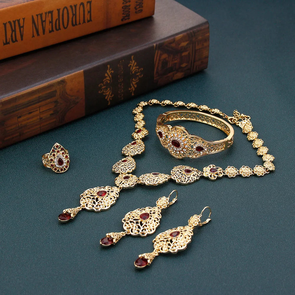 Arabic Jewelry Sets Morocco Choker Necklace Dangler Earring Bracelet Ring Gold Color Ethnic Women Charm Bijoux