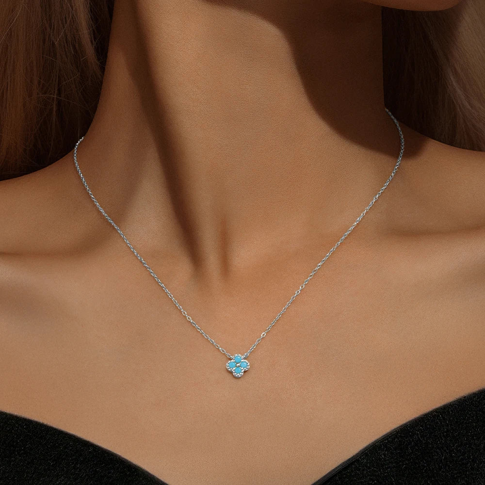Aide Plata Real 925 Sterling Silver Lucky Lady Necklace European And American Four-leaf Clover Chain Necklace Turquoise Necklace