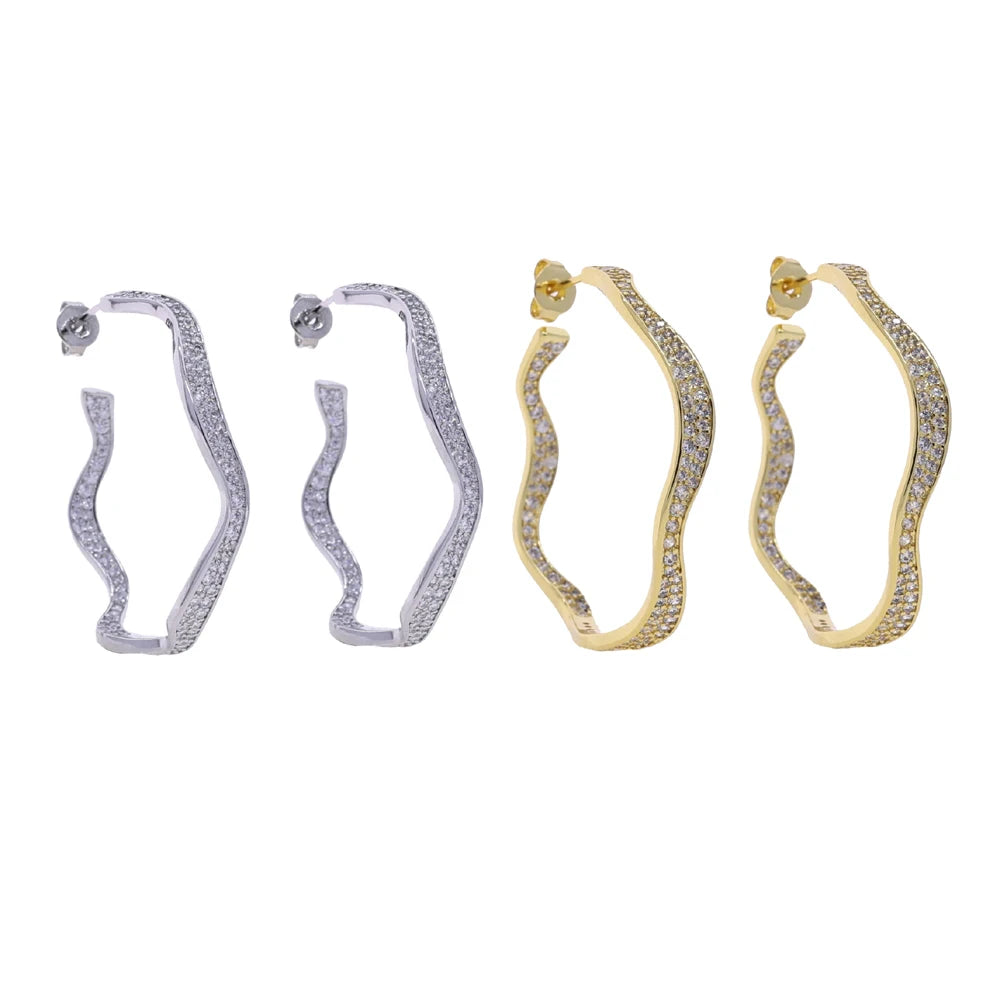 Micro Paved 5A Cubic Zirconia CZ Wide Wave Band Fashion Women Jewelry Sparking Hoop Earring Ring Bangle Necklace Set