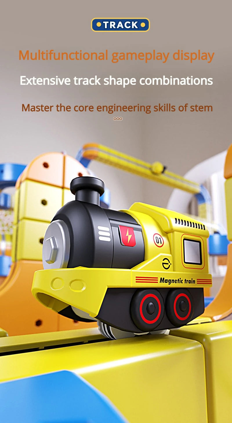 DIY Electric Magnetic Track Set With High-Speed Rail Vehicles STEM Building Game Puzzle Cube Toy for Children Gift(1-100+pieces)