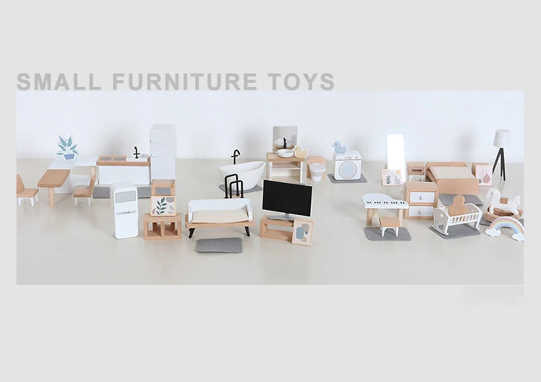 Wooden Play House Toy Set Mini Dollhouse Simulated Furniture Decoration Set Bedroom Kitchen Items Table And Chairs Accessorie