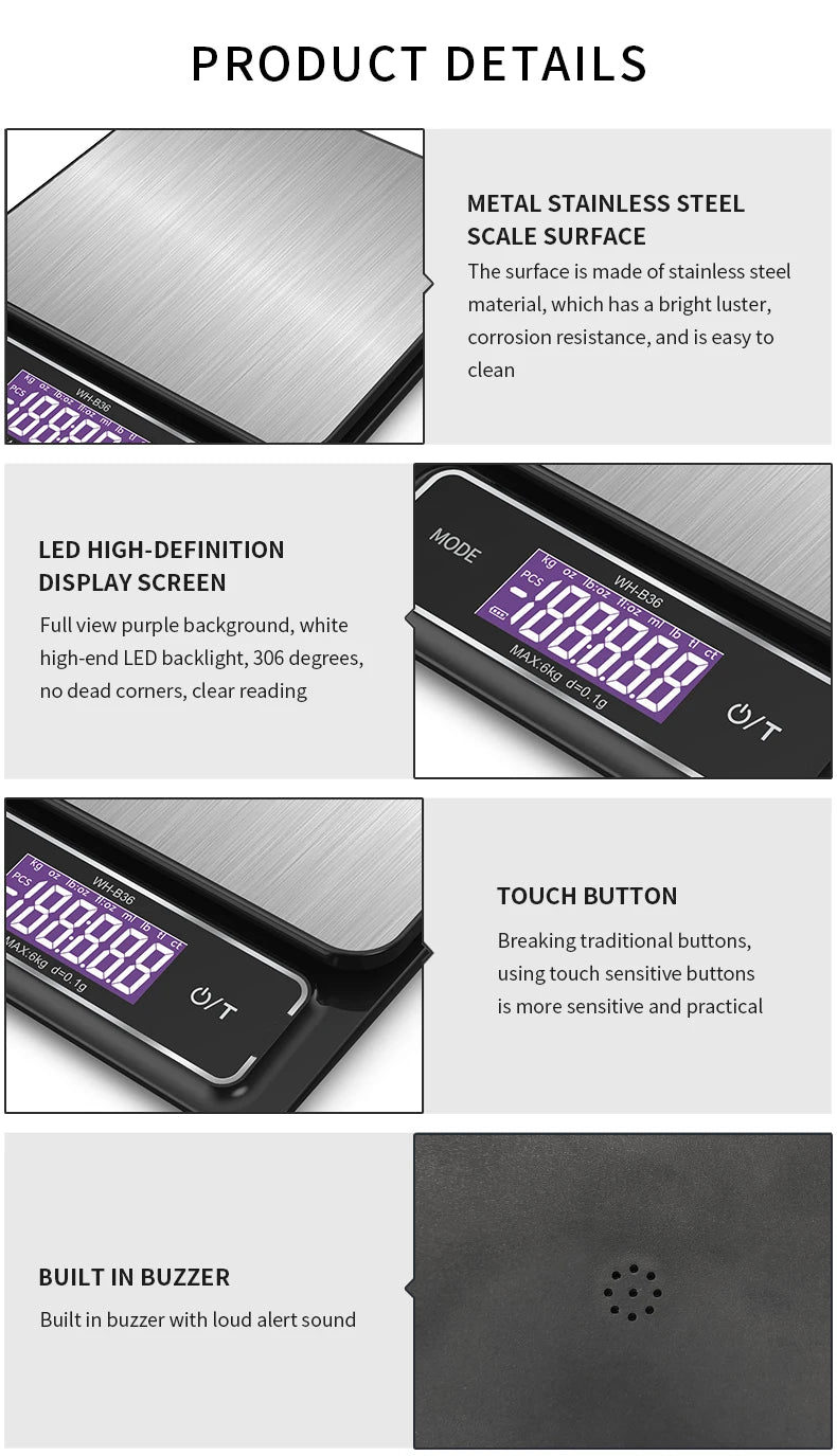 6kg/0.1g 10kg/1g Digital Electronic Kitchen Scale LCD Display Fully Waterproof Stainless Steel Measuring Weighing Baking Tool