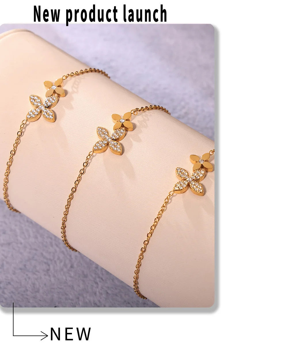 Necklace Bracelet For Women Stainless Steel Zircon Waterproof 4 Petals Flower Pendant Waterproof Chain Charm Jewelry Gift
