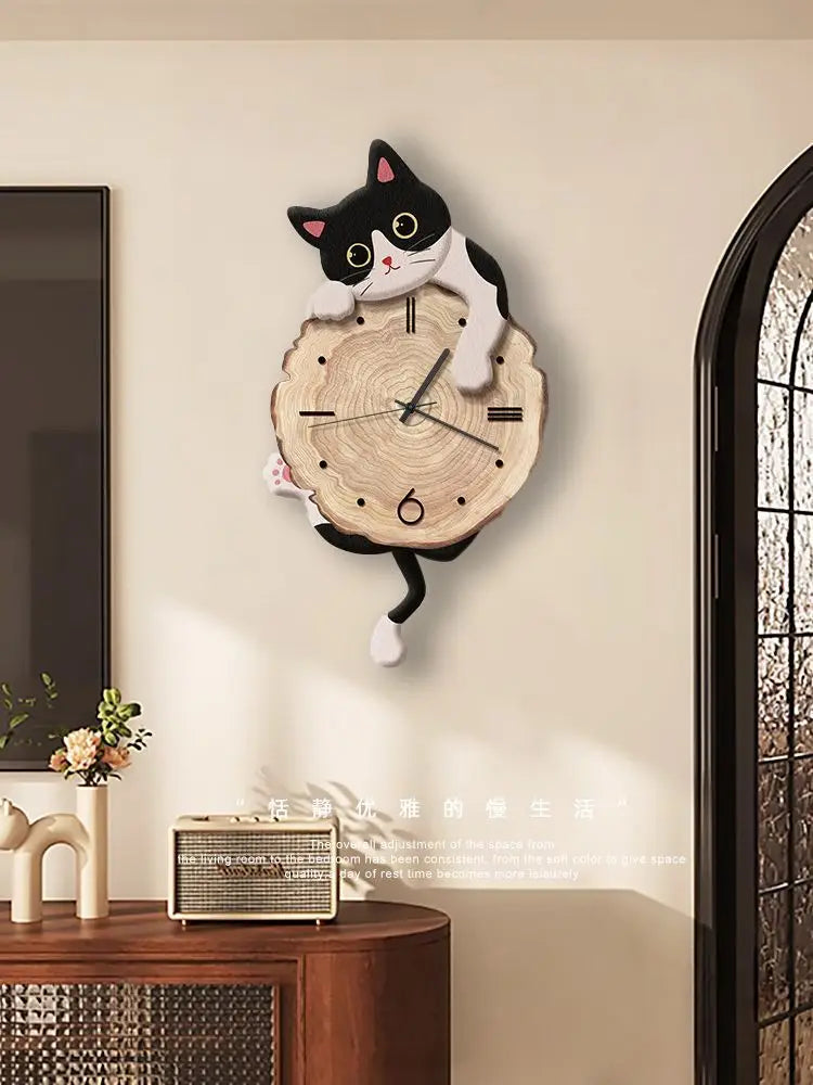 Cartoon Cat Wall Clock Creative Cat Tail Swing Wall Clock Quartz Mute Wall Clock Home Decoration Living Room Bedroom Decoration