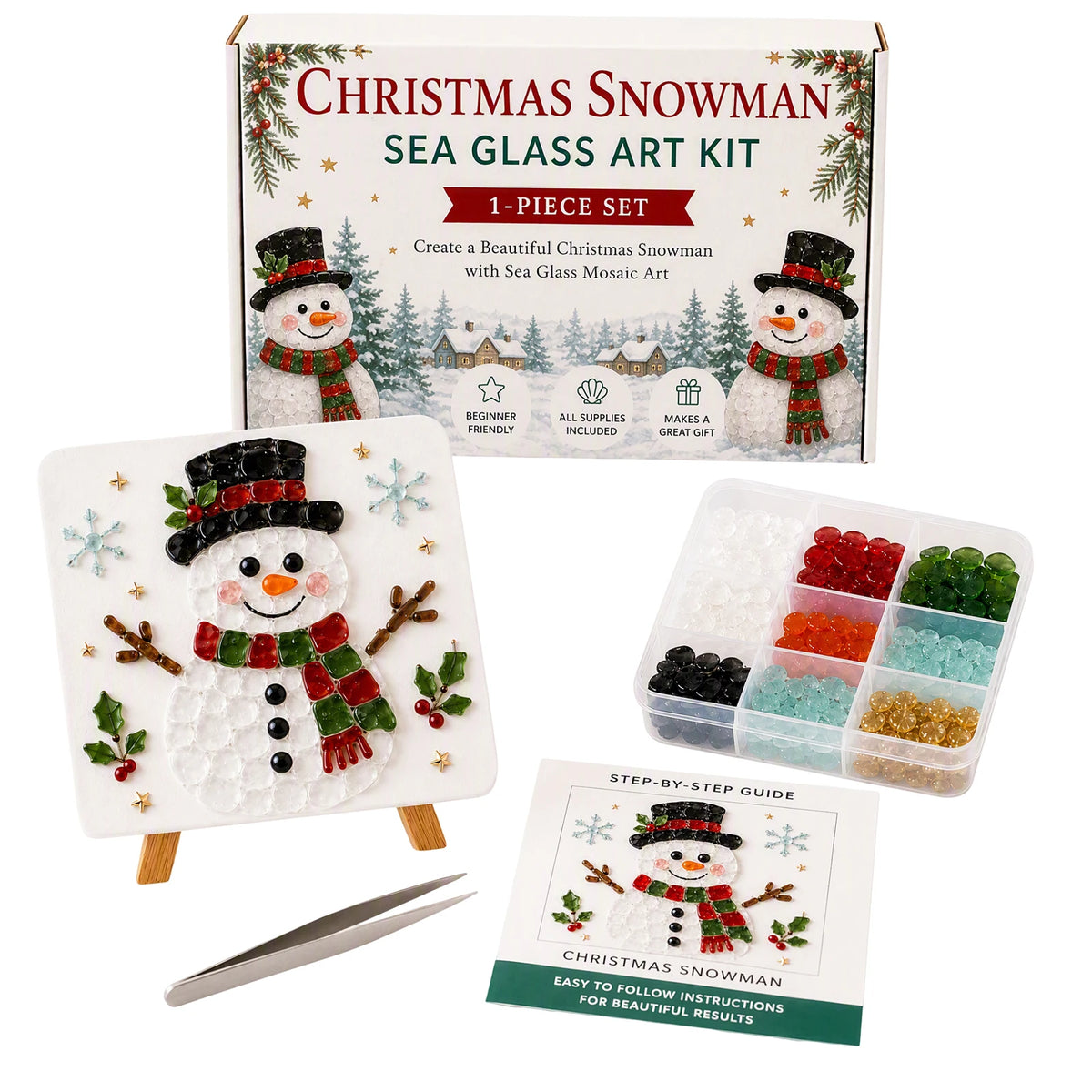 Holiday Mosaic Decoration DIY Kit Christmas Reindeer Sea Glass Art Craft Set with Tweezers Stand Complete Tools