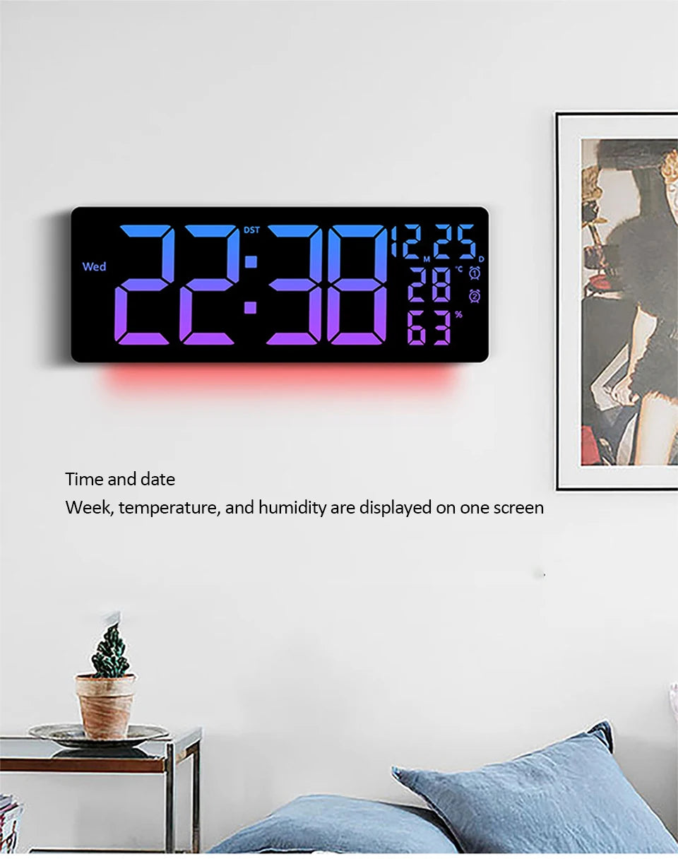 17" Large Digital Wall Clock 11Colors Dispaly & Dynamic RGB LED Clocks Temp Date Week Display Remote Control Dual Alarms Clock