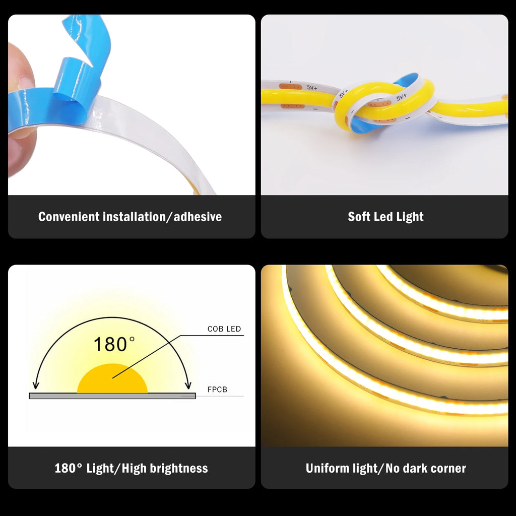 8MM COB LED Strip Light 5V 320LEDs/M Motion Sensor Dimmable Flexible LED Tape Ribbon USB/Battery Powered DIY Backlight for Room