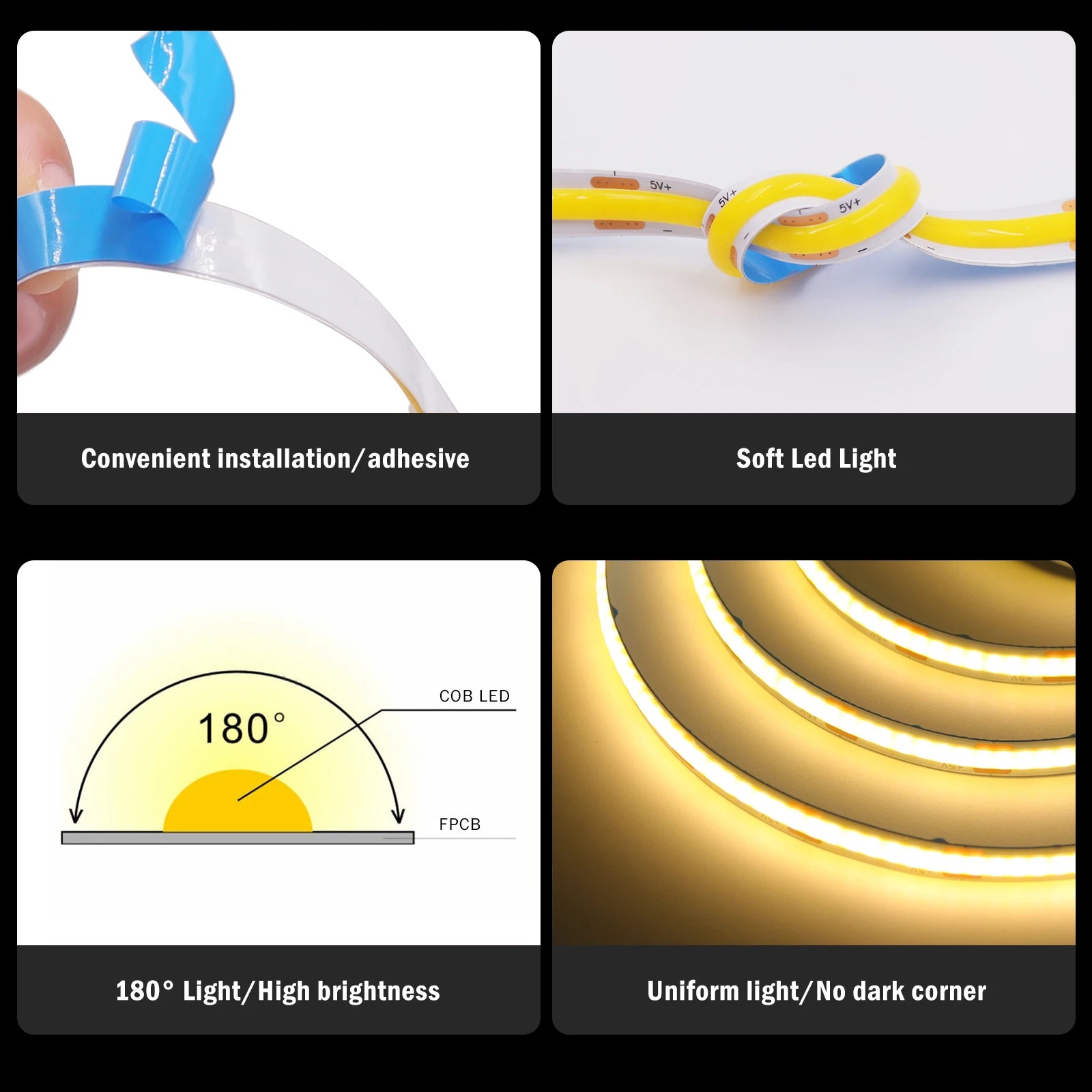 8MM COB LED Strip Light 5V 320LEDs/M Motion Sensor Dimmable Flexible LED Tape Ribbon USB/Battery Powered DIY Backlight for Room