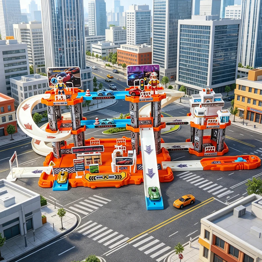 Children's Large Rail Parking Lot Toy Set, City Rail Car Theme Suitable for Two People to Play with Car Toys (Random Colors)