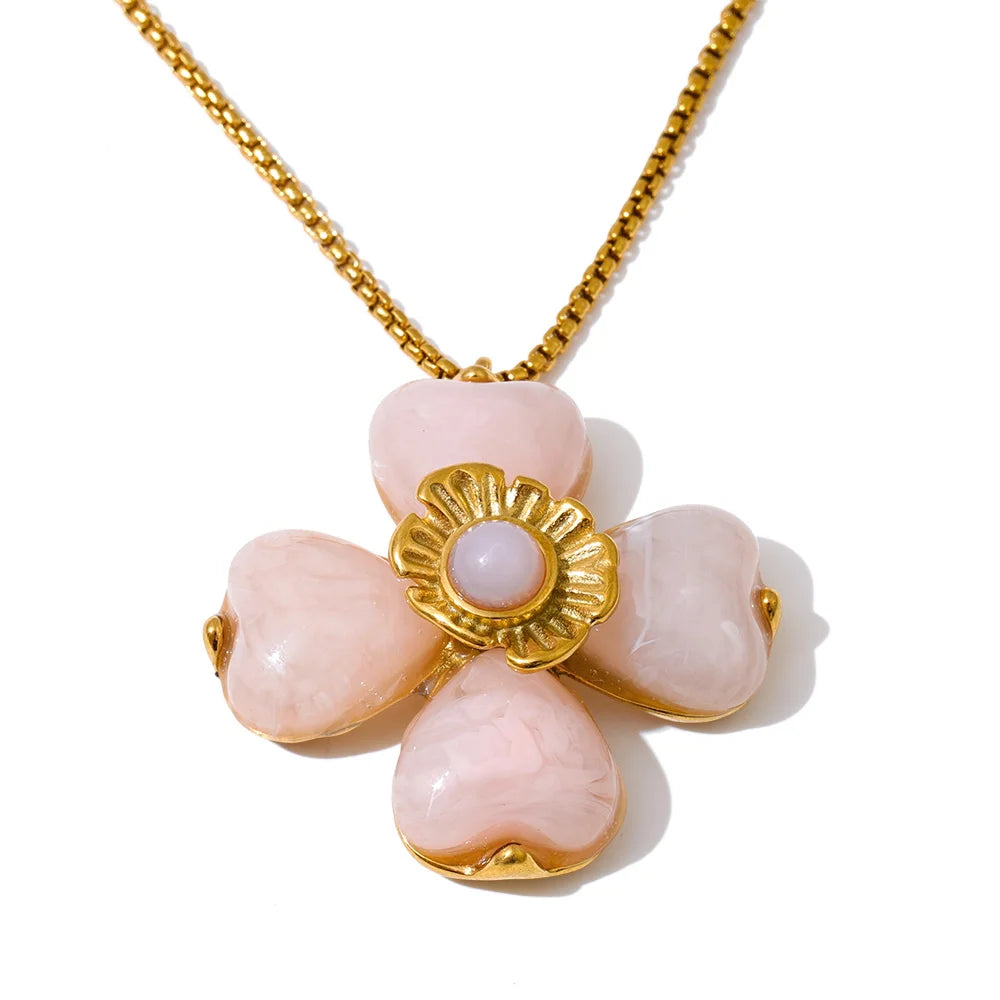 Yhpup Hot Style Acrylic Flower Pendant Necklace Earrings Ring Set for Women Stainless Steel Exquisite Jewelry Wholesale