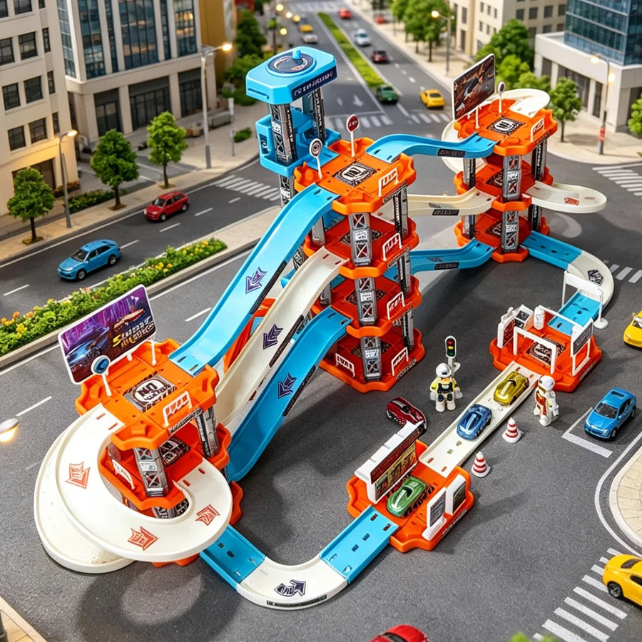 Children's large four story parking lot toy set, multi-layer urban rail toys, boys' cars, suitable for boys' birthday gifts
