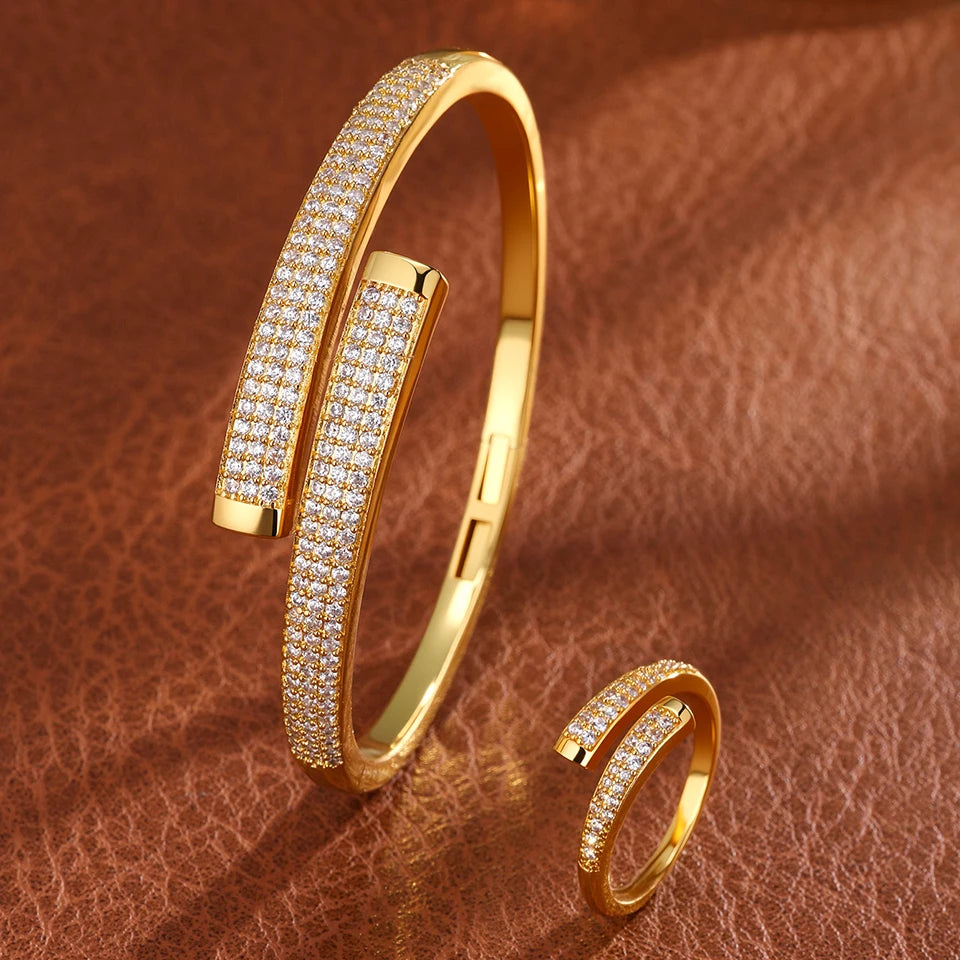 ZAKOL 9 Styles Golden Open Bracelet Ring Jewelry Set Geometric Shiny Zircon 18K Gold Plated Middle East Wedding Party Jewelry