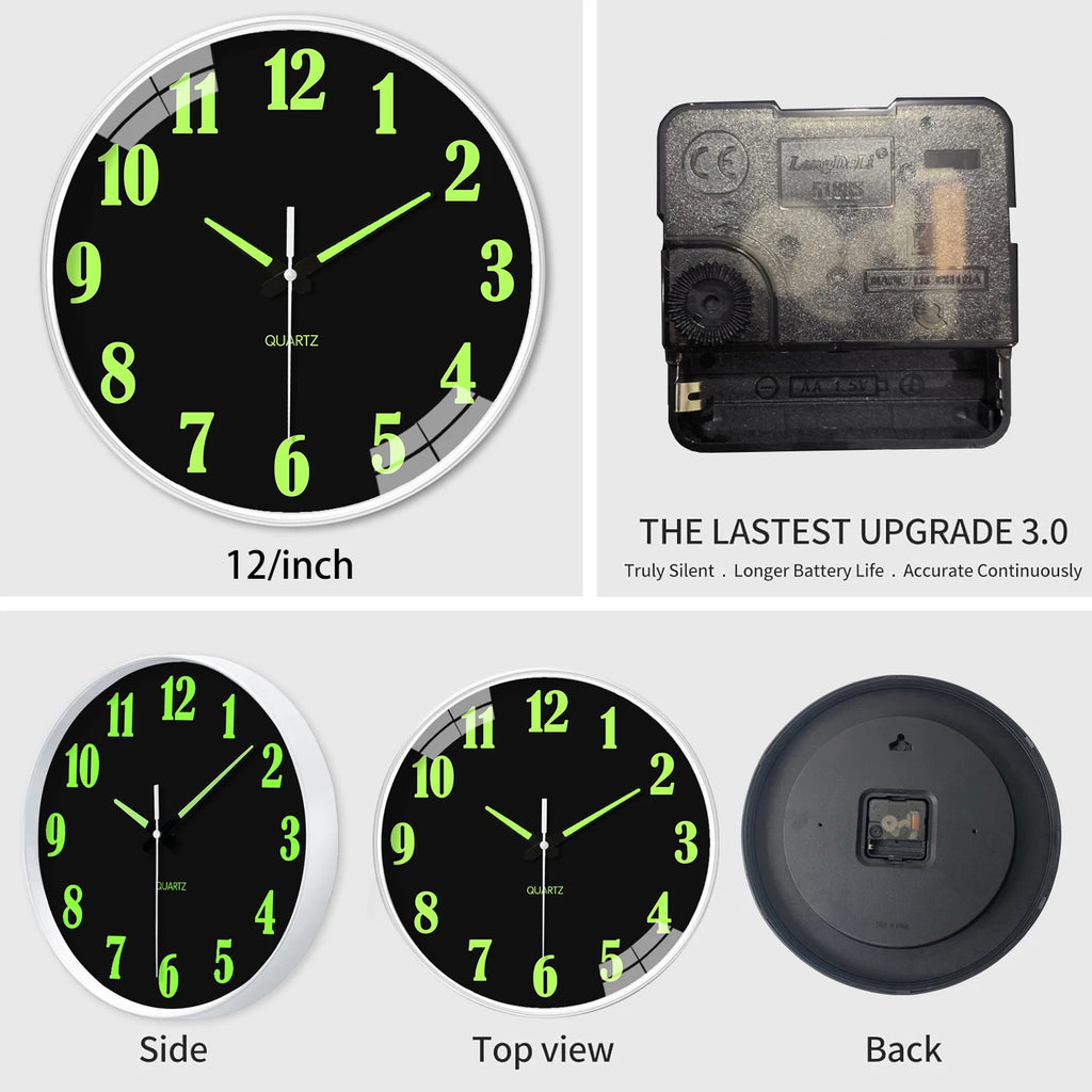 Modern Unique Luminous Plastic Glass Wall Clock, 8-16 Inch Modern Round Silent Luminous Wall Clock, AA Battery Powered, Suitable