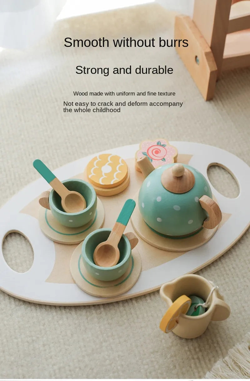 Girls Toys Wooden Afternoon Tea Set Children's Toy Kitchen  Pretend Play Set Toaster Coffee Maker Ice Cream Kids Educational Toy
