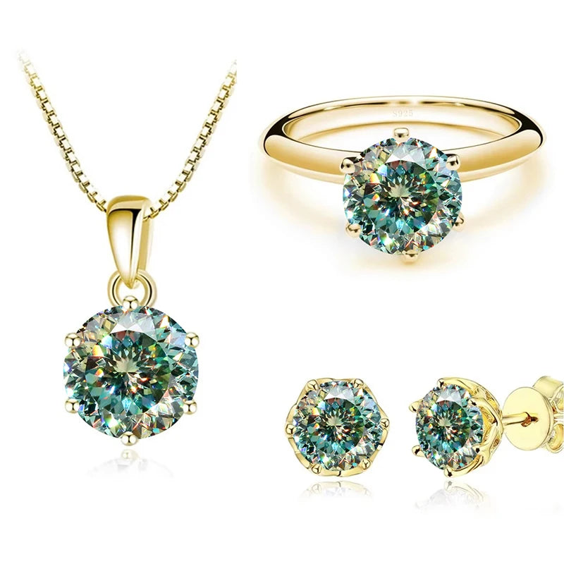 JoyceJelly 1Carat Moissanite Jewelry Set For Women Sterling S925 Silver Gold Plated Necklace Earrings Ring GRA Certified Wedding