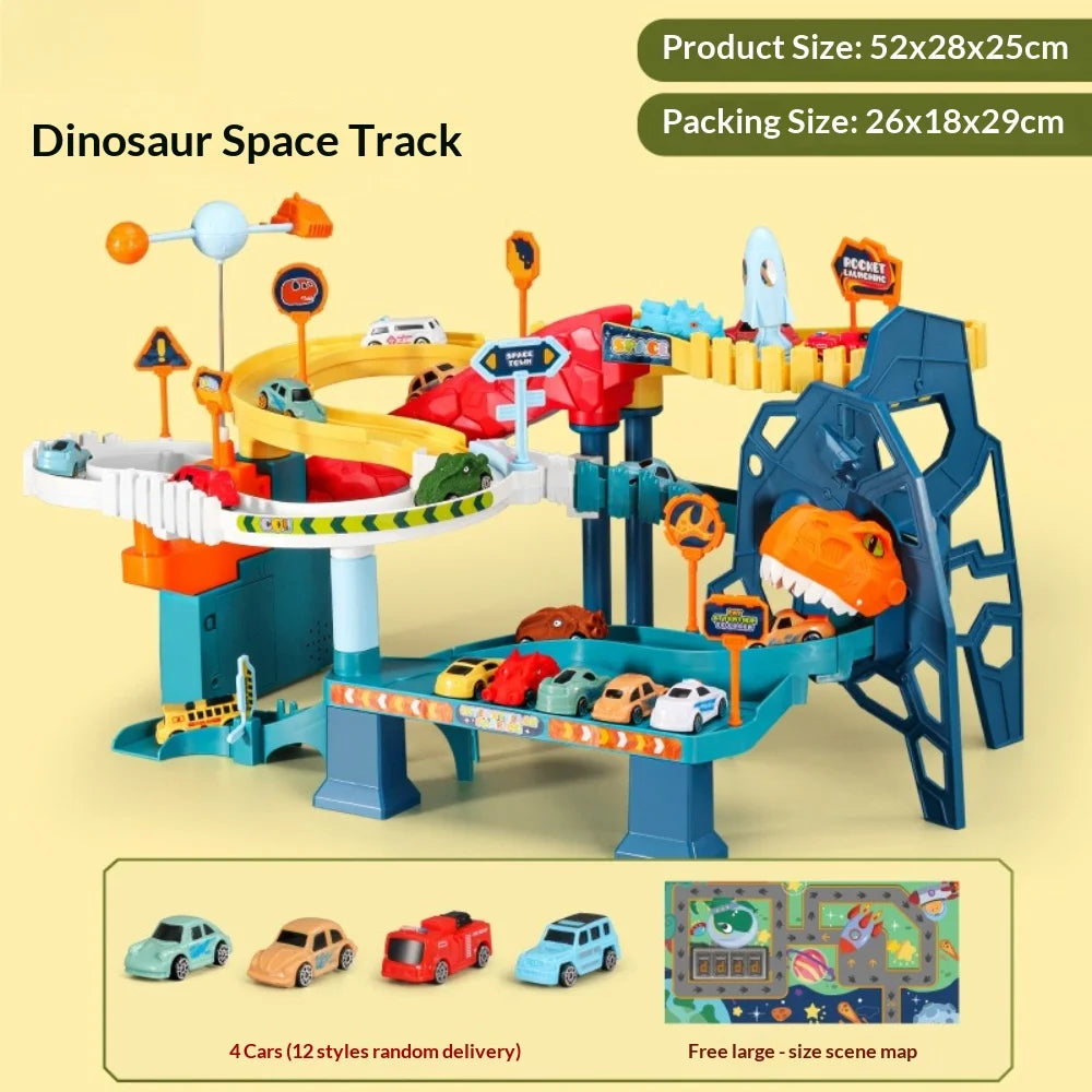 Light Up Space Rocket Shuttle Track Playset Multi Layer Orbital Adventure Obstacle Race Car Parking Garage Toy Ideal Gift