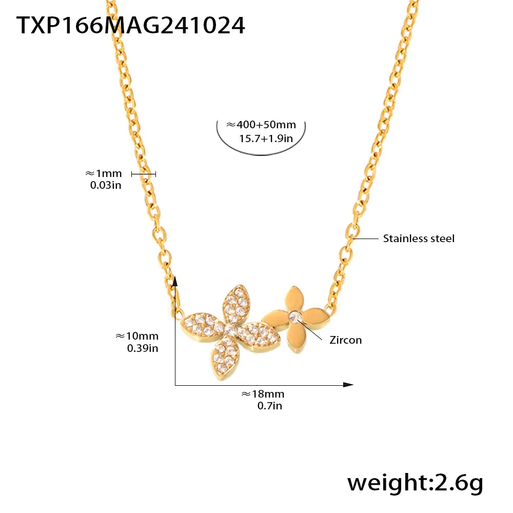 Necklace Bracelet For Women Stainless Steel Zircon Waterproof 4 Petals Flower Pendant Waterproof Chain Charm Jewelry Gift