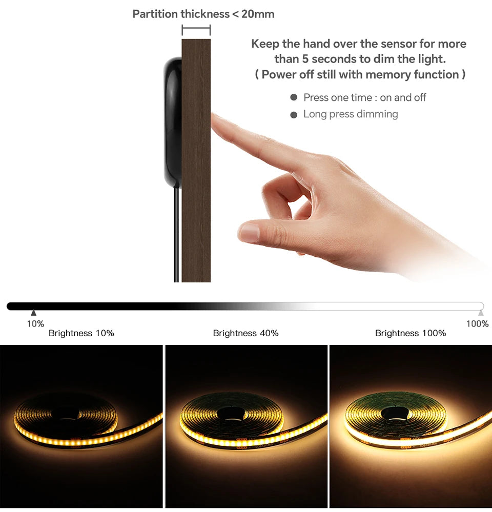 Touch Dimmable Black PCB LED Strip Light COB Tape For Walnut Acoustic Wooden Slat Grille TV Background Wall Panel&Cabinet Decor