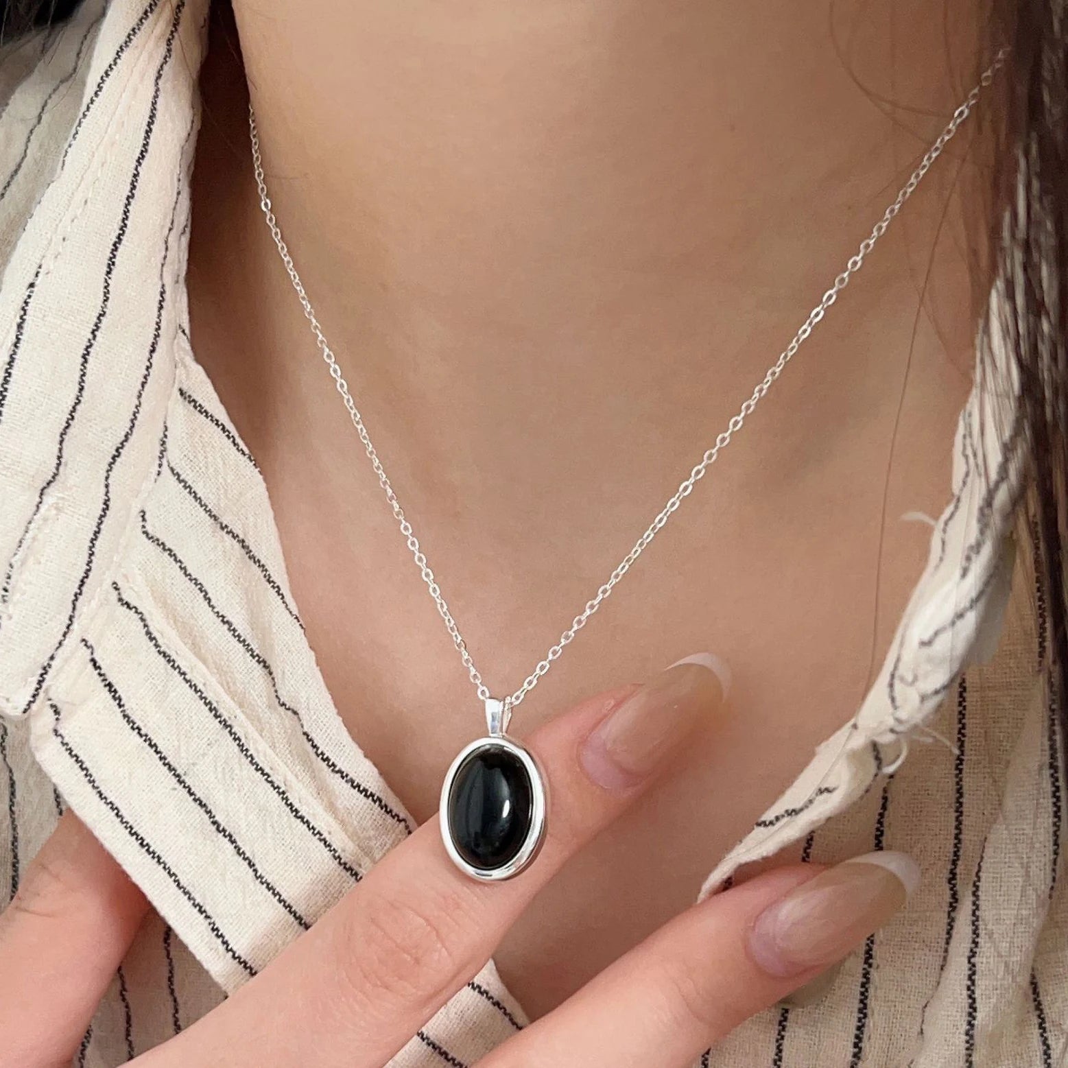 PANJBJ 925 Sterling Silver Onyx Necklace for Women Girl Concise Individuality Fashion Jewelry Birthday Gift Dropshipping