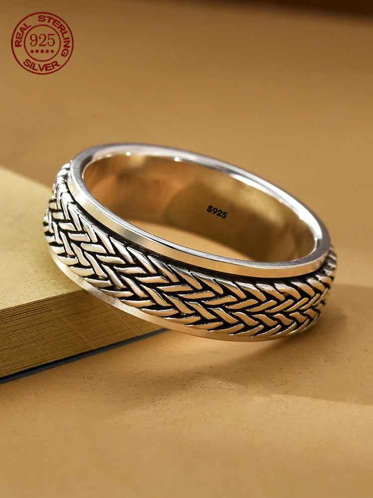 Rotatable S925 Sterling Silver Ring for Men  Vintage Retro Stars Auspicious Cloud Couple Band Women Index Finger Accessories
