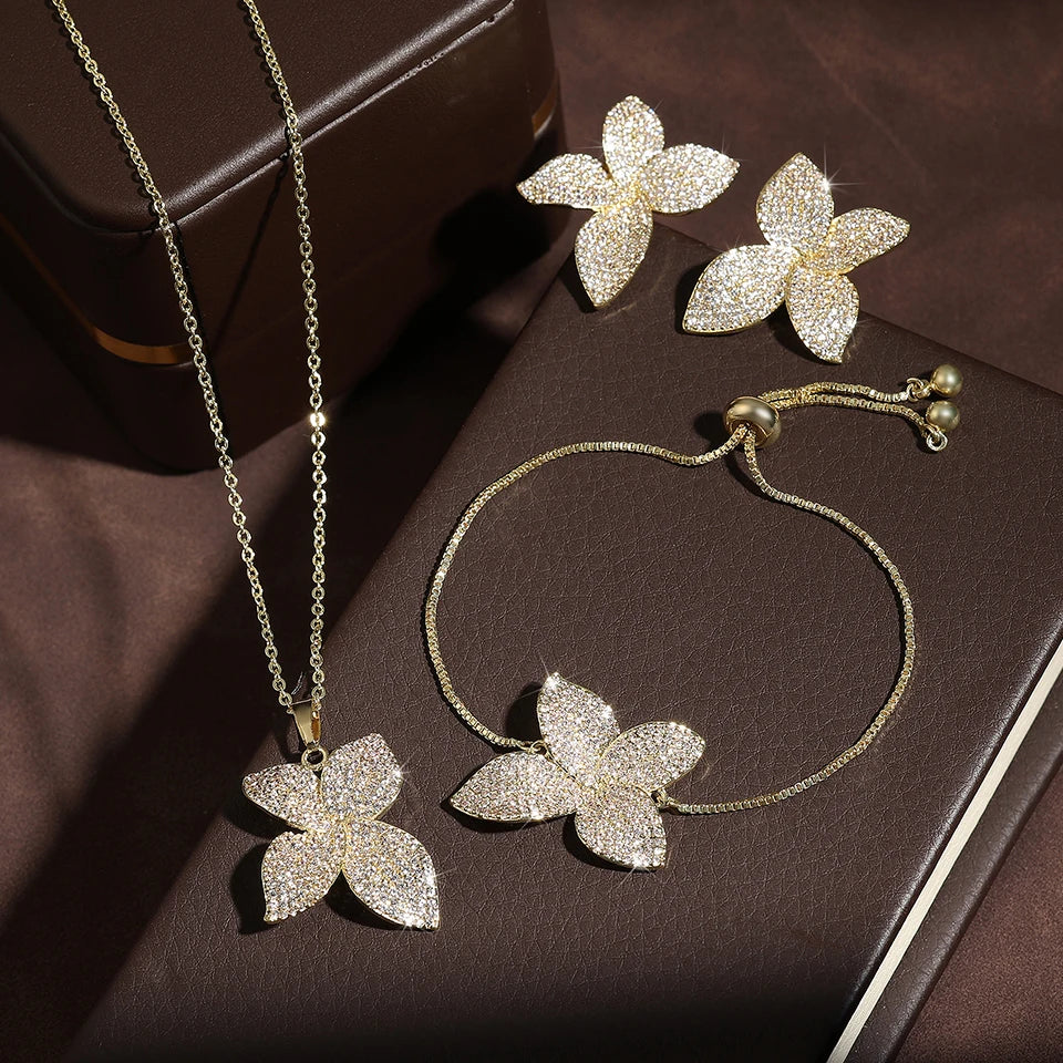 ZAKOL Luxury Micro Pave Setting Cubic Zirconia Leaf Earrings Ring Bracelet Necklace Gorgeous Dubai Jewelry Set For Dinner Party
