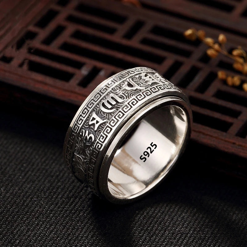 Factory Price S925 Sterling Silver Craft Mens Rings Rotable Stereoscopic Vintage Glossy Six-character Mantra Jewelry Gift