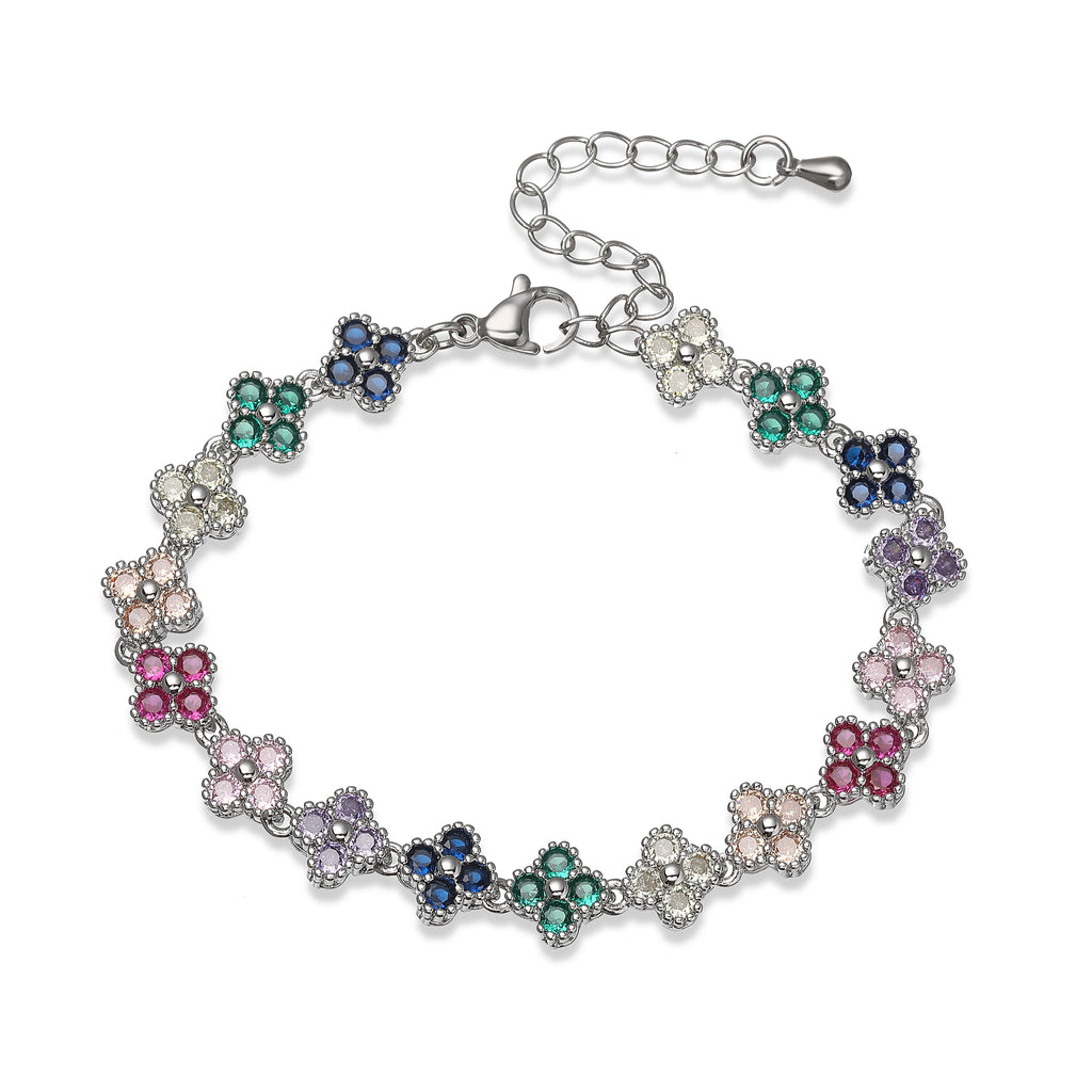 HECHENG, Bijoux Colorful Flower CZ Stone Brass Metal Bracelet/Necklace,Lobster Clasp, Adjustable, Minimalist Romantic Jewelry