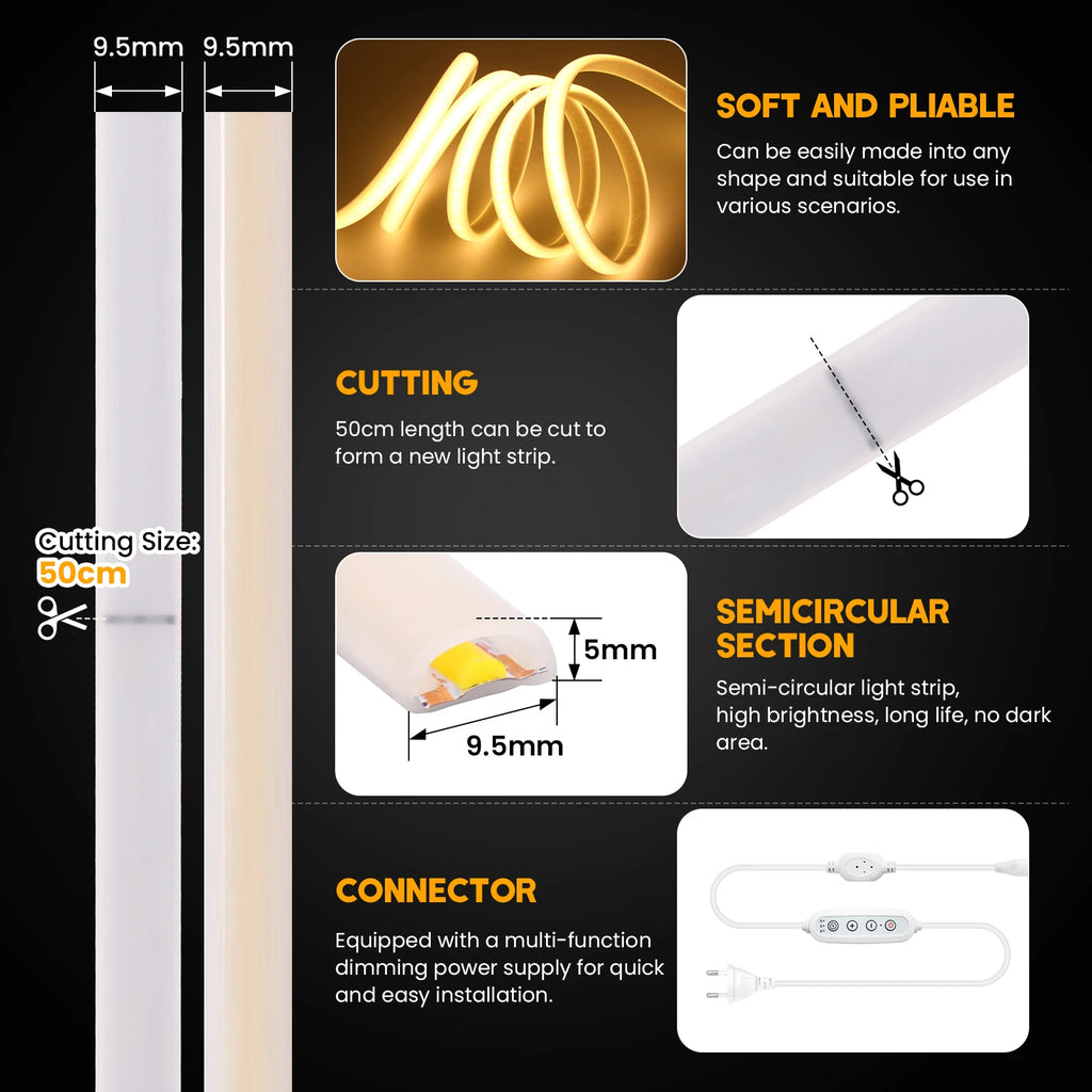 Dimmable Switch 220V COB LED Strip Neon Light Dimmer Power Kit Waterproof 3000K 4000K 6000K 288LED Kitchen Room Decor Flex Lamp