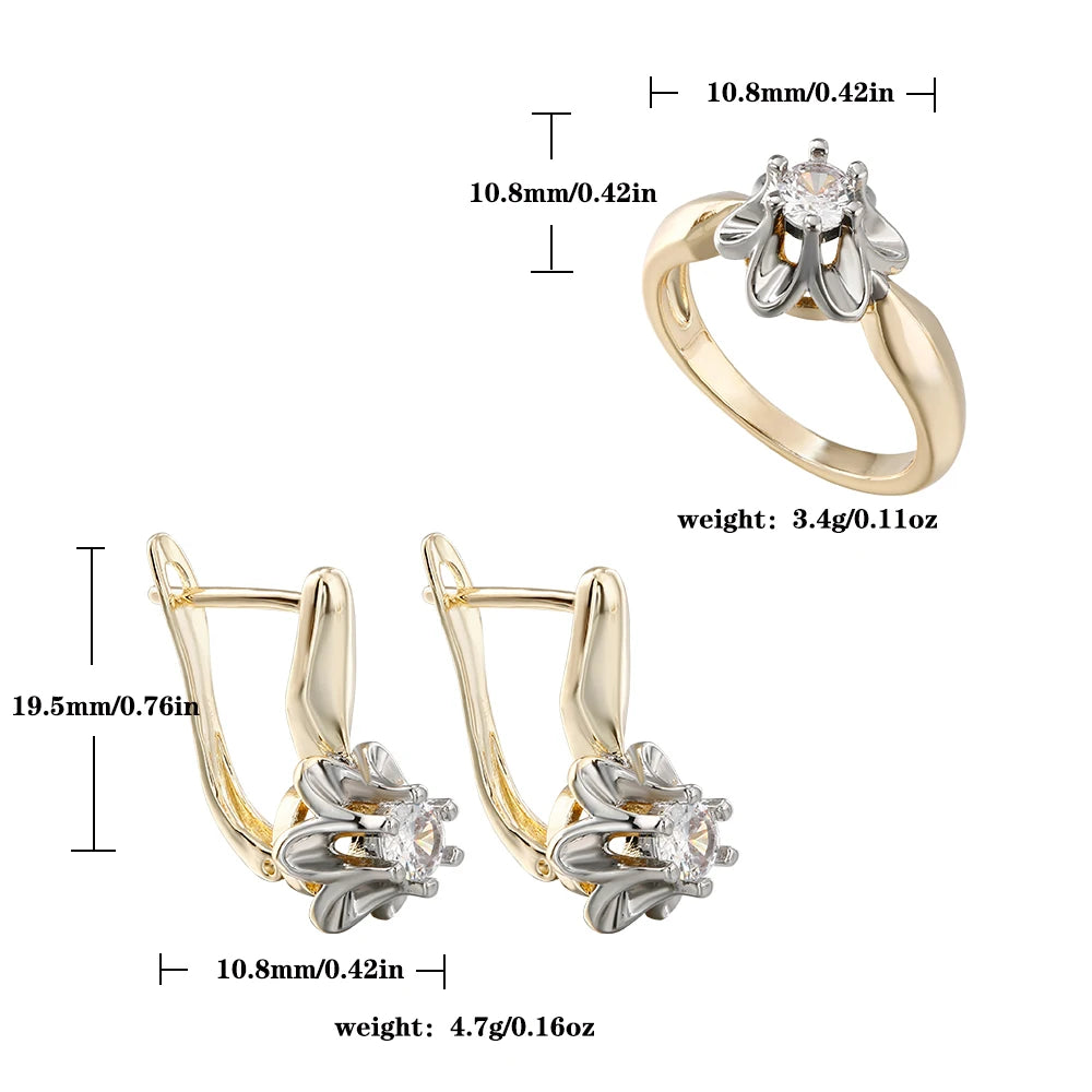 French Petal Inlaid Zircon Earrings and Ring Set, High-End Copper-Plated Two-Tone Gold Fashion Jewelry, Versatile for Commuting