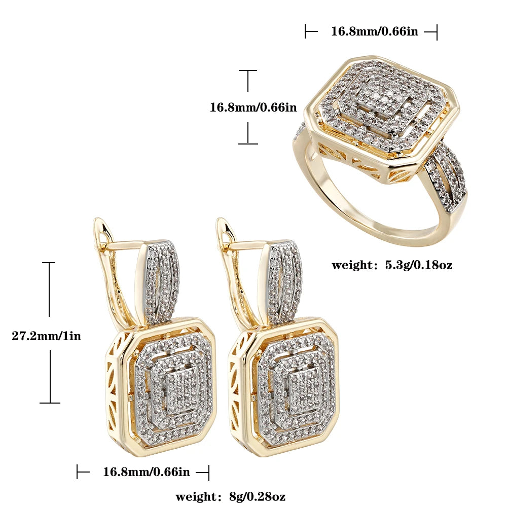 Square hollow design inlaid zircon earrings and ring set retro fashion jewelry copper plated 14K gold banquet holiday decoration