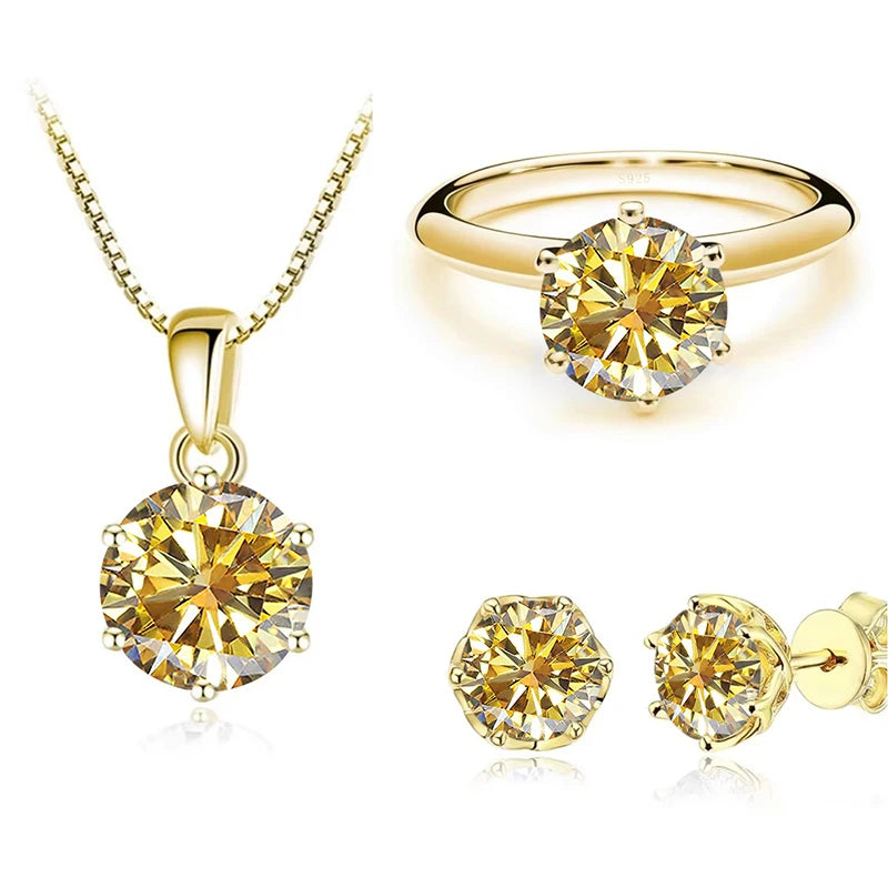 JoyceJelly 1Carat Moissanite Jewelry Set For Women Sterling S925 Silver Gold Plated Necklace Earrings Ring GRA Certified Wedding