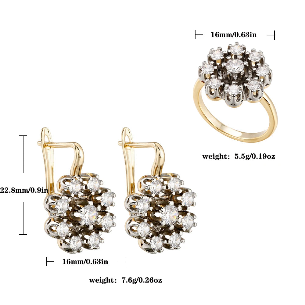 Hollow vintage inlaid zircon two-color earrings ring set copper plated 14K gold fashion jewelry party daily banquet holiday gift