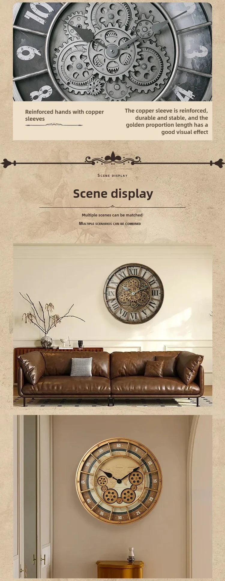 Retro Industrial Roman Wall Clock Gear Rotation Clock Living Room Decorative Wall Clock Stylish Silent Wall Clock Quartz Clock