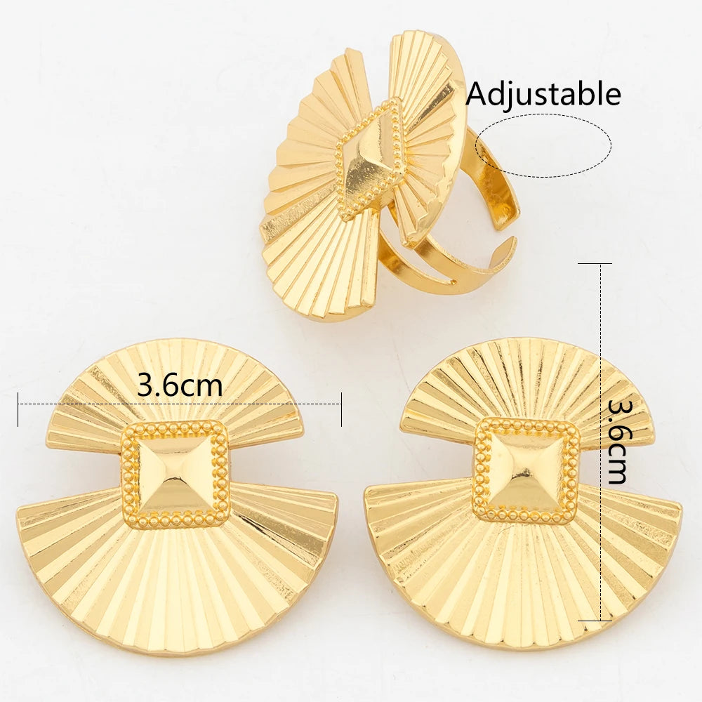 Gold Color Jewelry Set For Women Dubai Round Earrings Adjustable Ring Nigeria Bridal Jewelry Accessories Wedding Bracelet Party