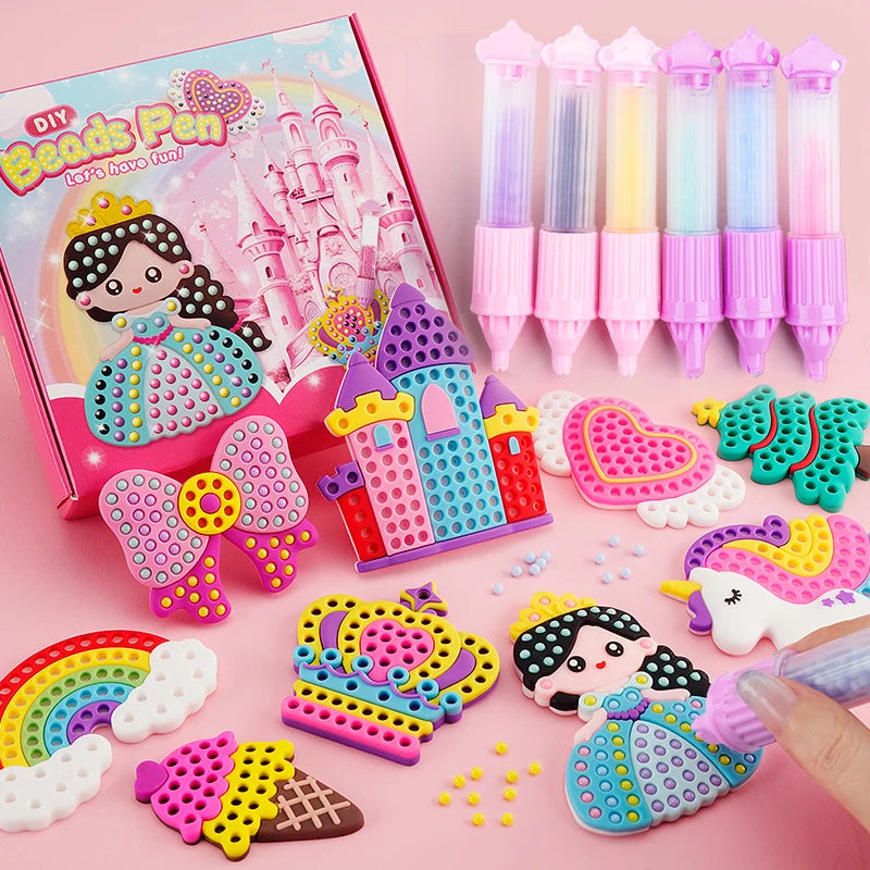 DIY Handmade Beads Pen Set Creative Princess Rainbow Bow Sticker Production Girls Toy Kit for Kids Gift