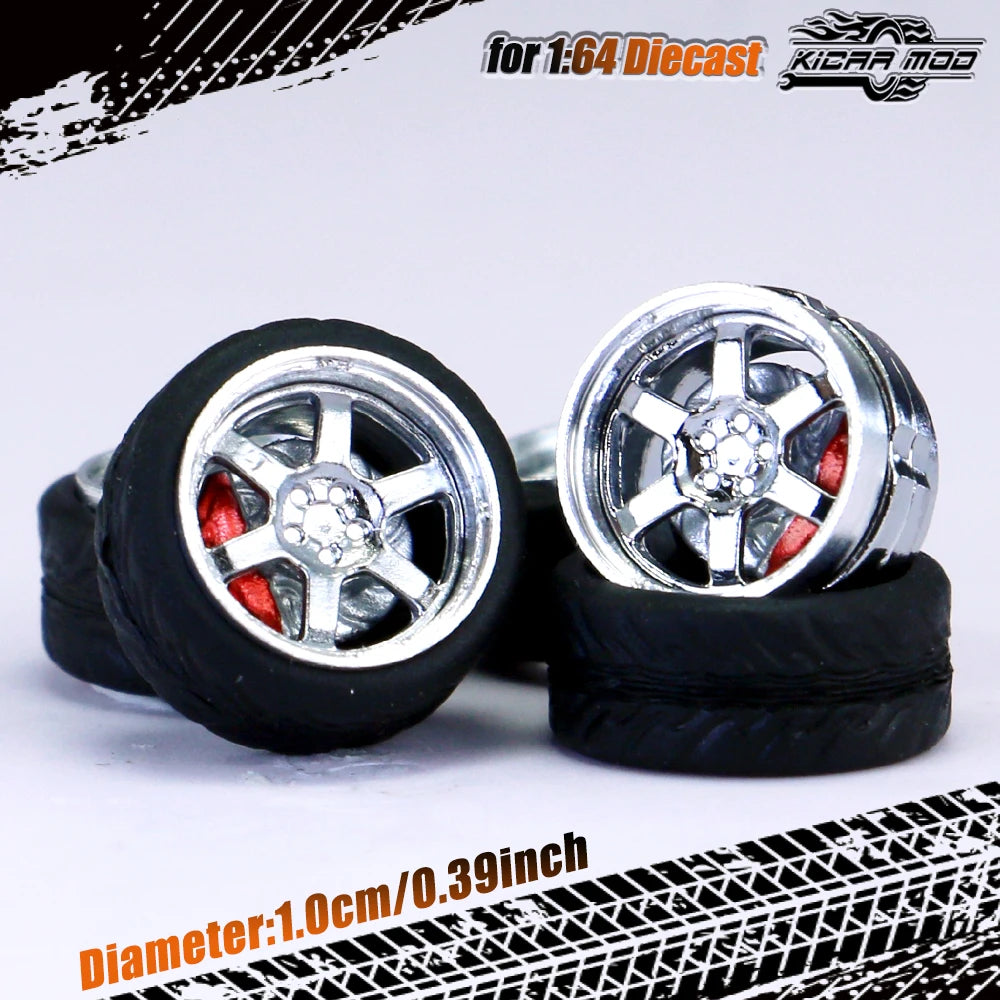 Kicarmod 1/64 Model Car ABS Wheels with Rubber Tire Brake Disc Metal Rims Diameter 10mm Refitting Parts For Model Car