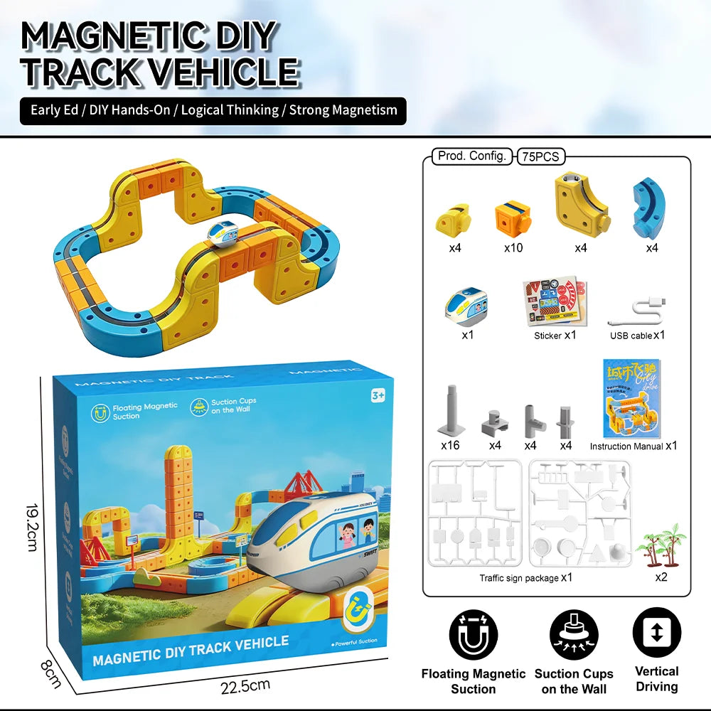 DIY Magnetic Rail Car Set for Kids - Educational Building Blocks Toy with Flexible Track Assembly Race Car Playset