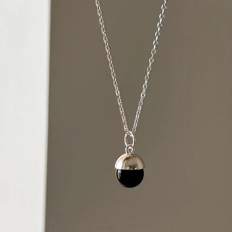 PANJBJ 925 Sterling Silver Onyx Necklace for Women Girl Concise Individuality Fashion Jewelry Birthday Gift Dropshipping
