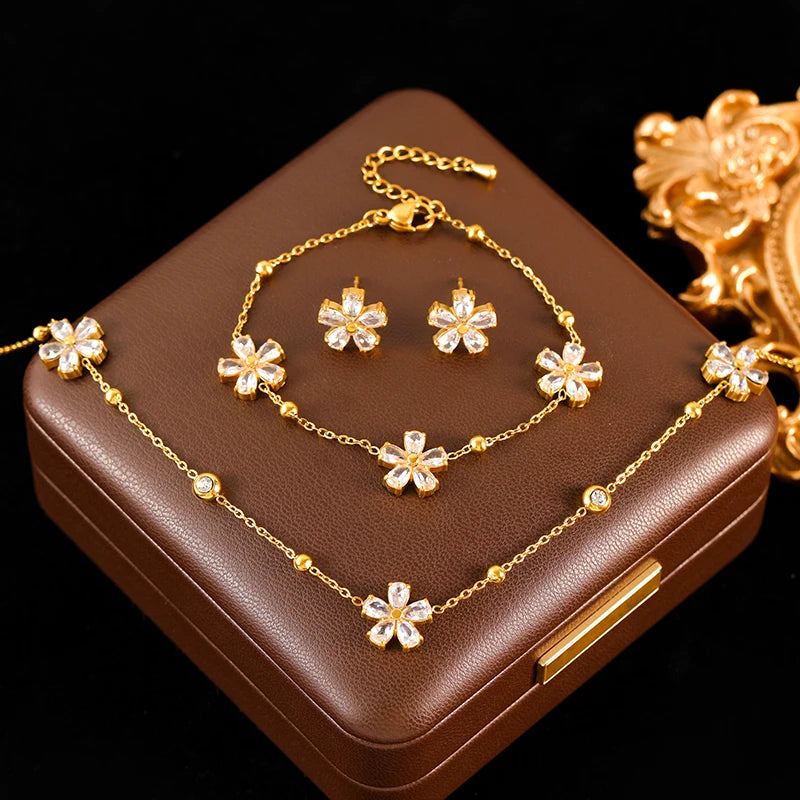 GANEMLY Stainless Steel  Sparkling White Zircon Flower Necklace Bracelet Earrings Set For Women Trendy Waterproof Jewelry Gift
