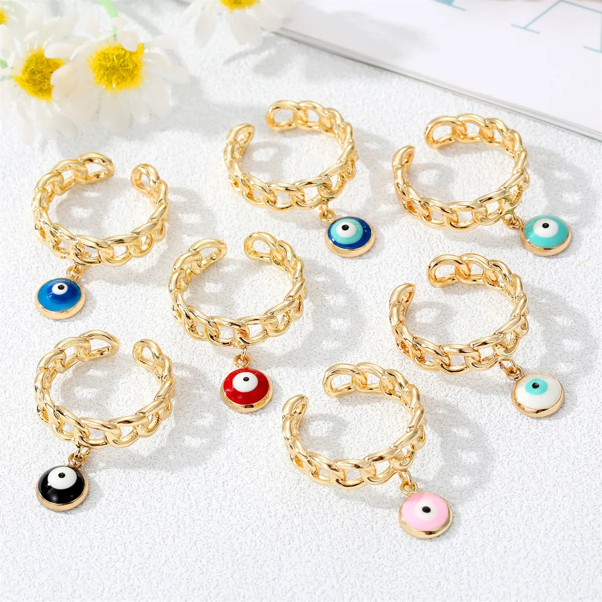 Lucky Blue Turkish Evil Eye Open Rings For Women Gold Color Colorful Enamel Heart Zircon Eye Finger Ring Vintage Gothic Jewelry